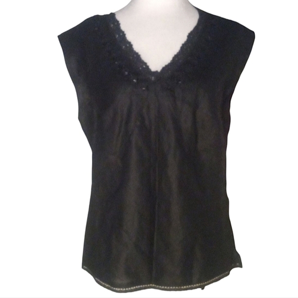 Richard Malcolm Black Babydoll Style Beaded Neck Lace Trim Linen Blouse Large - Picture 1 of 9